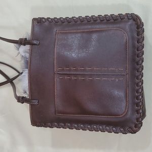 Brown Faux Leather Shoulder Bag-Outside Pocket-Whip Stitch-Snap Closure